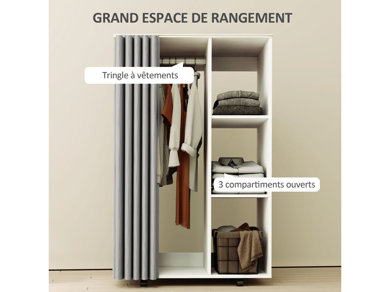  Armoire penderie vêtement dressing mobile 4 roulettes avec tringle à vêtements et étagères ouvertes, blanc  - Conforama E