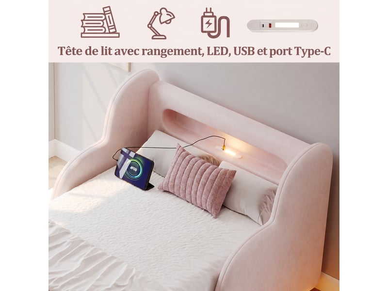  Lit enfant rembourré 90x200 cm - barrière de sécurité - veilleuse intégrée - port usb et type-c - velours rose  - Conforama E