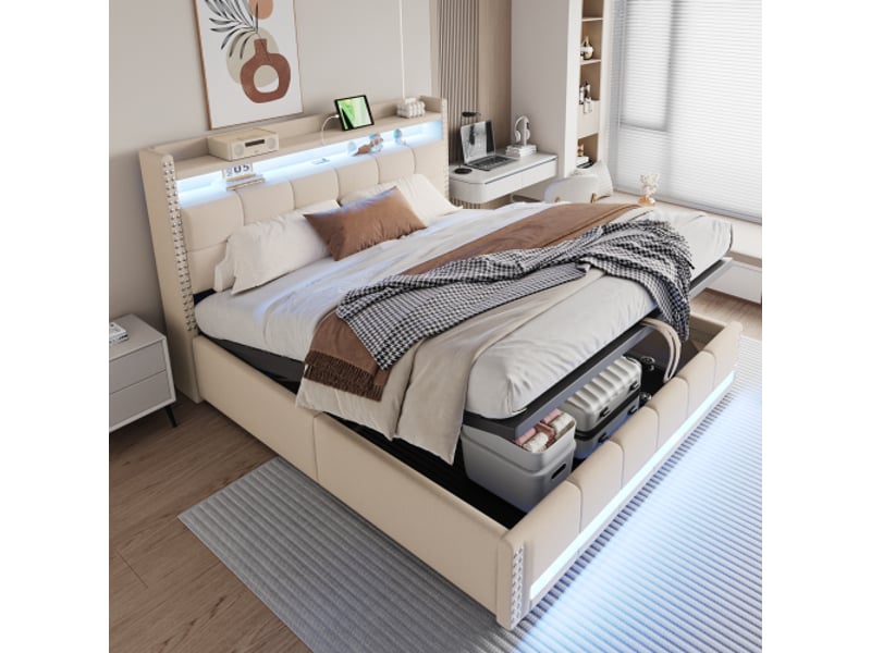 Lit capitonné 180x200 cm led usb, tête de lit avec rangements et étagères, vérins hydrauliques, lin beige - Conforama E