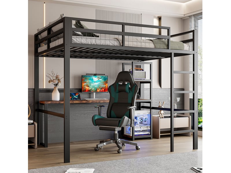  Lit mezzanine tcqpz 140 x 200 cm en métal noir avec bureau étagères prises usb et type-c avec échelle et garde-corps sans matelas  - Conforama D