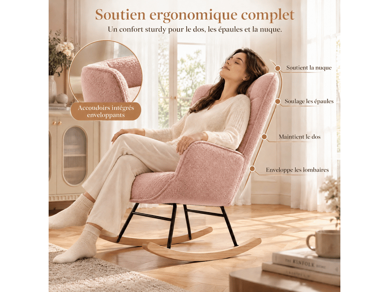  Fauteuil à bascule, rocking chair, tissu teddy peluche, chaise à bascule scandinave, fauteuil allaitement, pour chambre d' enfant salon balcon, rose  - Conforama D