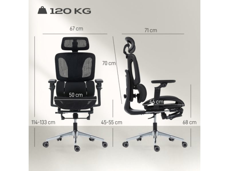Chaise de bureau ergonomique en mesh, appui-tête et soutien lombaire réglables, noir, repose-pieds - Conforama C