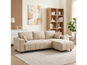 Canapé d'angle modulable 242 cm, canapé 4 places en l avec méridienne réversible, 2 oreillers, tissu aspect lin, beige