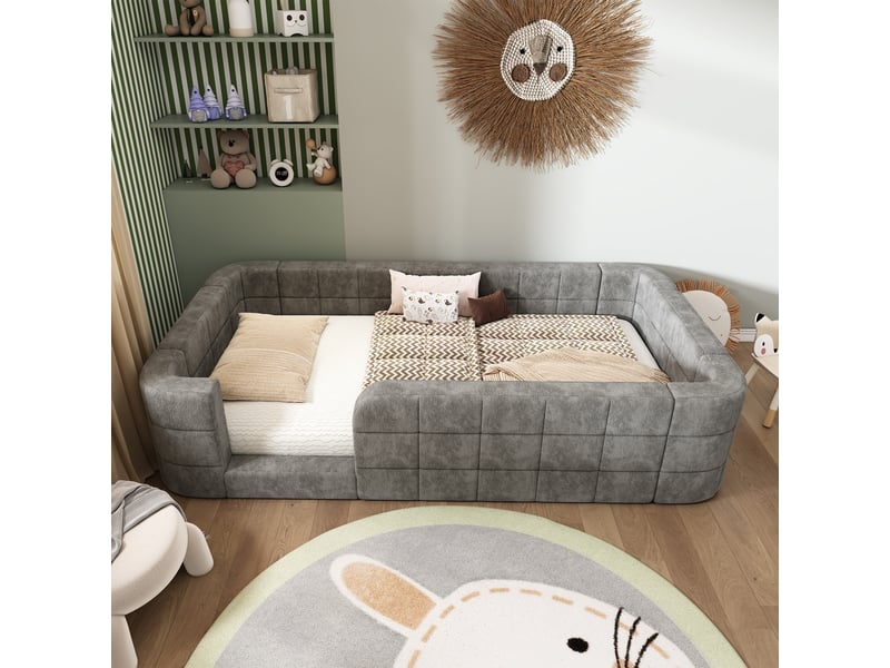  Lit enfant rembourr  90x200 cm lit enfant au sol avec contour fermé et angles arrondis, sans matelas, chenille gris Morn Vibe - Conforama C