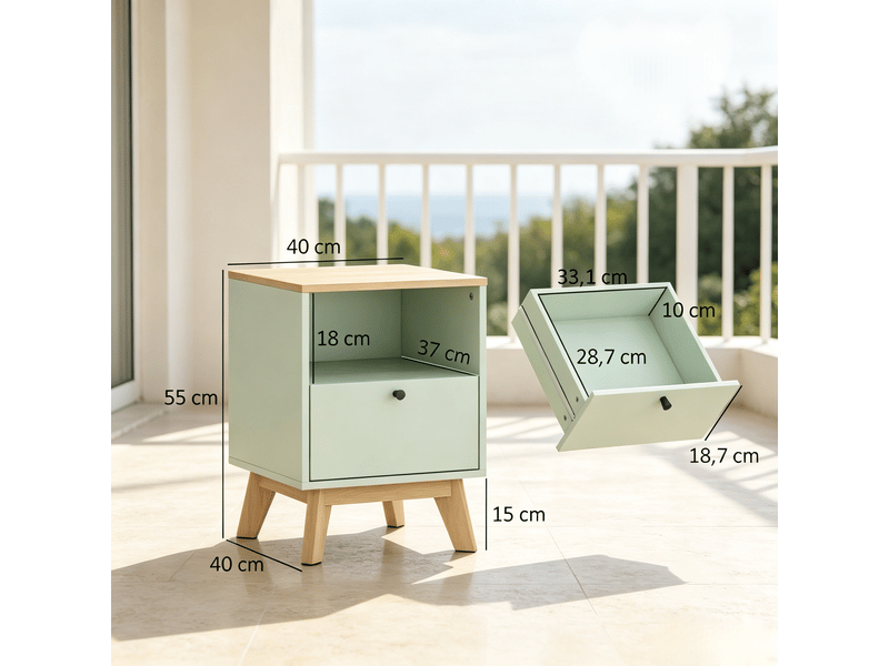 Lot de 2 tables de chevet,40x40x55 cm,avec tiroir,mdf,vert clair effet chêne - Conforama C