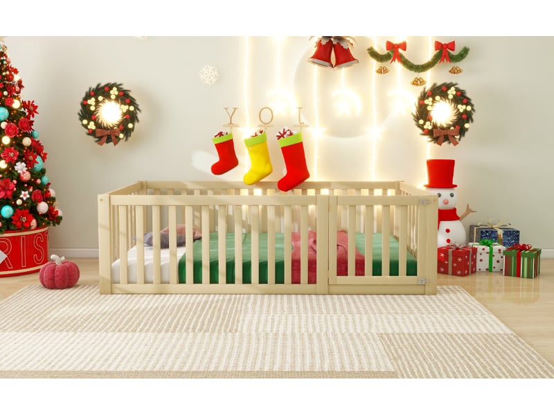  Cadre de lit, lit enfant 90x200 cm, bois naturel, barrière avec porte  - Conforama R