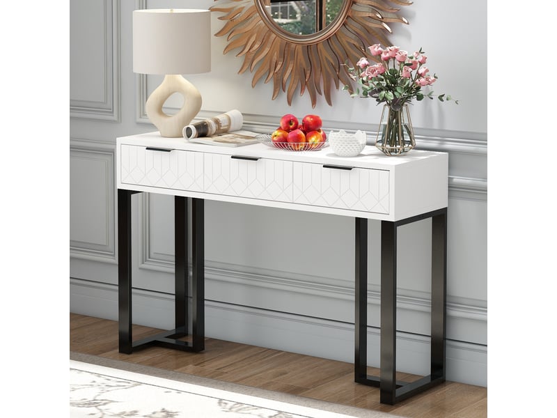  Console 120 cm avec tiroirs, structure en métal noir et pieds réglables, mdf blanc et noir Jamama eleni - Conforama E