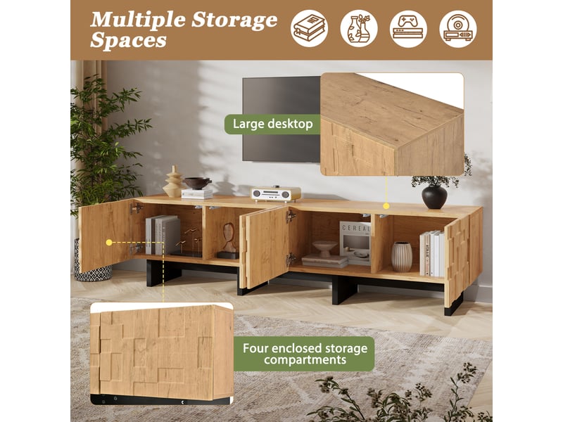  Meuble tv 180x38,5x45 cm, 4 portes à pression, 4 rangements, mdf et panneaux de particules, naturel  - Conforama D