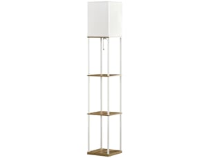 Lampadaire, éclairage indirect, avec étagères, structure en métal, abat-jour en tissu, 26 x 26 x 159 cm, blancmarron