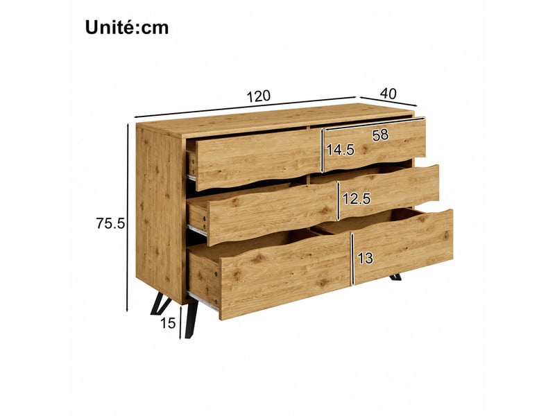  Buffet à 6 tiroirs – décor bois clair, pieds métalliques noirs – 120 x 40 x 75,5 cm  - Conforama D