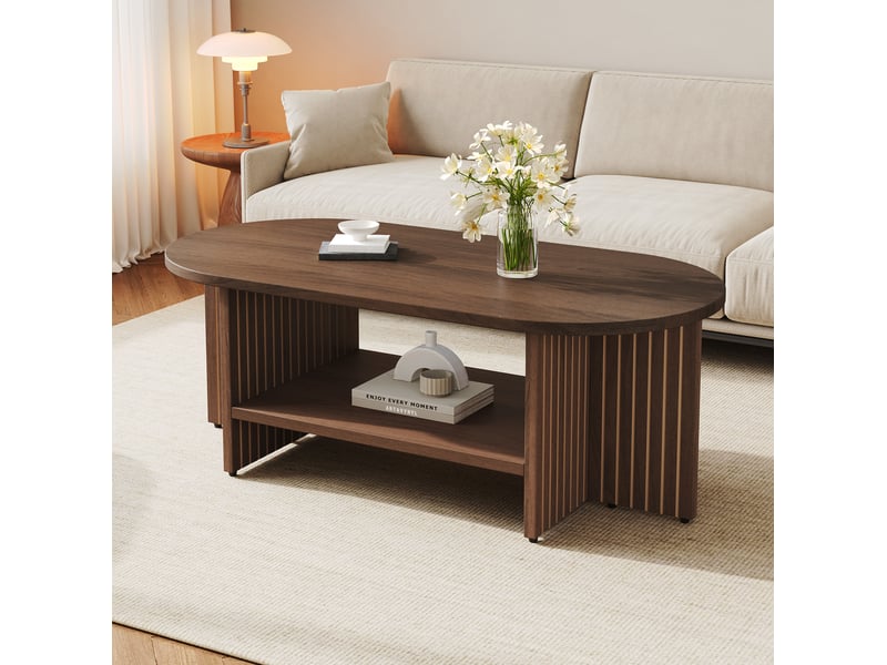  Table basse ovale fixe avec étagère ouverte, design rainuré moderne pour salon, mdf marron, 100 × 49 × 35 cm  - Conforama D