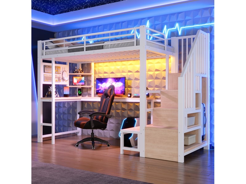  Lit mezzanine 90x200 cm avec bureau, rangements, led, usb et usb-c, blanc  - Conforama B