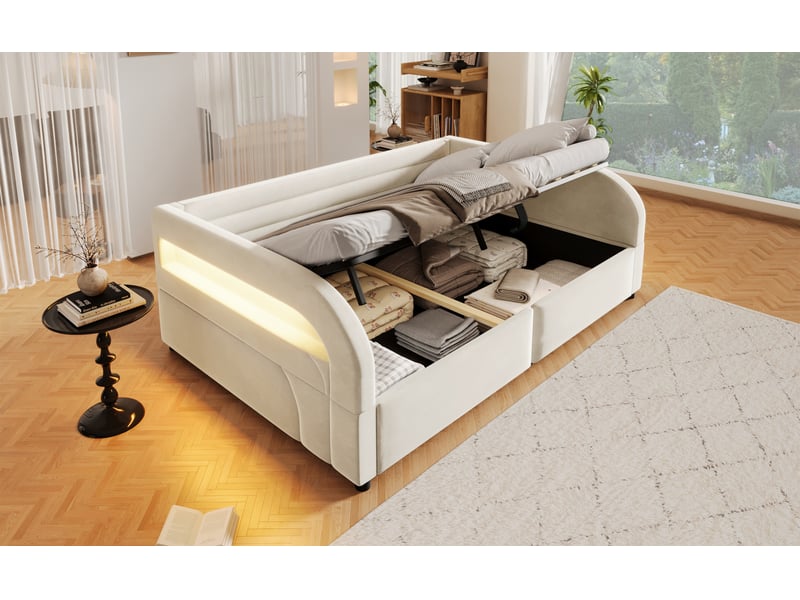  Lit coffre banquette 140 × 200 cm, rangement hydraulique, led rgb, côtés rembourrés, sommier à lattes, flanelle beige  - Conforama B