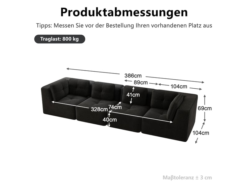 Canapé droit modulable 4 places velours côtelé noir – 386 x 104 x 69 cm Fay Lum - Conforama C