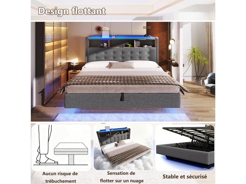  Lit coffre king size 180x200cm - lit suspendu design flottant avec éclairage led, tête de lit étagère, prises usb &amp; type-c, tissu lin gris evarich - Conforama D