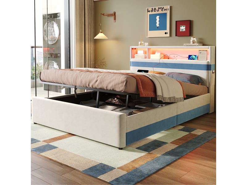  Lit coffre pour enfants 140x200cm - espace de rangement de grande capacité - avec éclairage led et un port de charge usb - tissu velours - blanc + bleu (sans matelas)  - Conforama E