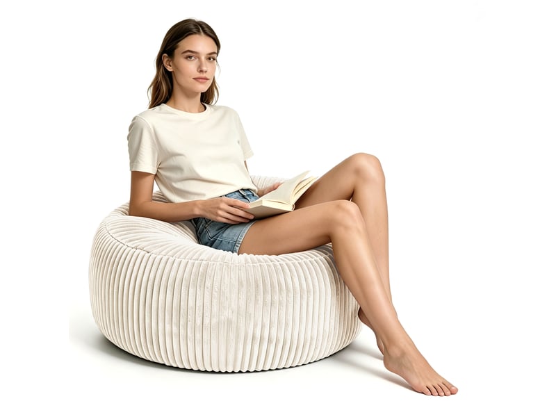  Fauteuil pouf rond avec garnissage en mousse à mémoire de forme pour salon et chambre en velours côtelé blanc  - Conforama A
