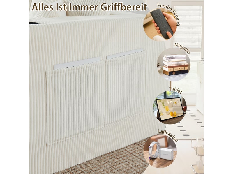  Canapé d’angle modulable 3 places 230 cm avec 2 poufs, tissu côtelé, porte-gobelets, poches latérales, montage facile, beige  - Conforama E