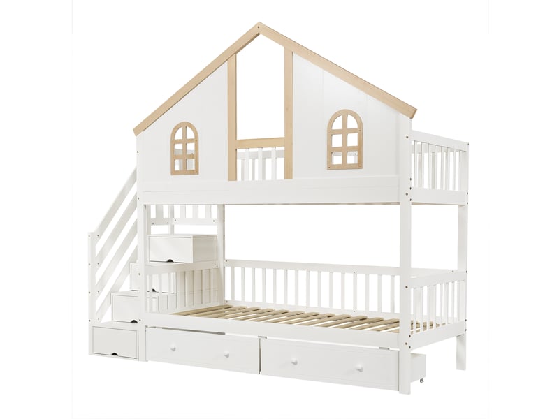 Lit superposé enfant cabane 90x200 cm avec escalier rangement, blanc et bois, sans matelas - Conforama E