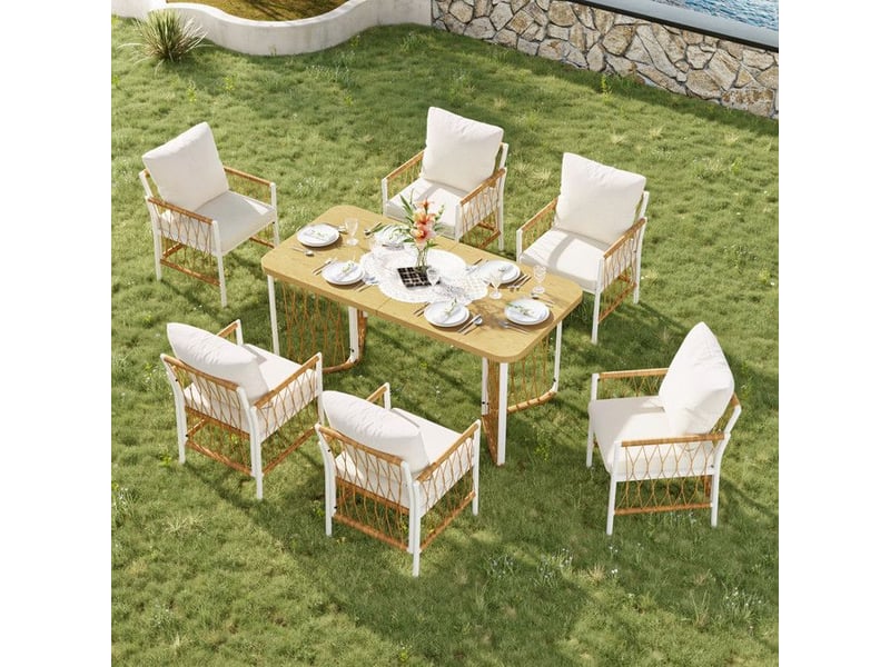  Ensemble de meubles de jardin en rotin - cadre en fer blanc - table 159,5x77,5x75 cm - 6 chaises 55x65x87 cm  - Conforama B