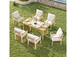 Ensemble de meubles de jardin en rotin - cadre en fer blanc - table 159,5x77,5x75 cm - 6 chaises 55x65x87 cm