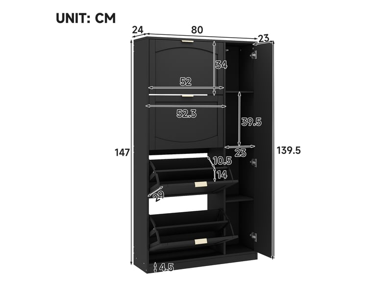  Meuble à chaussures avec miroir 80x24x147 cm, 4 abattants, noir, panneau de particules  - Conforama D