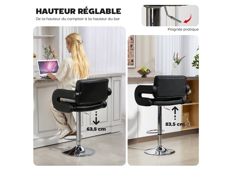  Tabouret de bar pivotant chaise de bar réglable en hauteur avec dossier repose-pieds et accoudoirs noir 61x50x93-113cm  - Conforama A