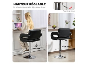 Tabouret de bar pivotant chaise de bar réglable en hauteur avec dossier repose-pieds et accoudoirs noir 61x50x93-113cm