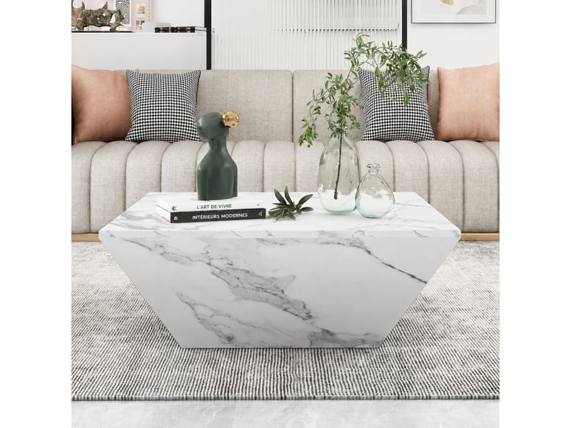  Table basse blanche effet marbre, trapézoïdale, 2 tiroirs, 70 x 70 x 37 cm, blanc  - Conforama C