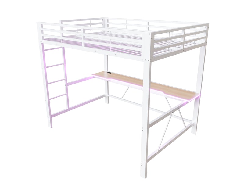 Lit mezzanine gaming 140x200 cm blanc, avec bureau, led, usb, rangements, structure métal, sommier inclus, sans matelas - Conforama E