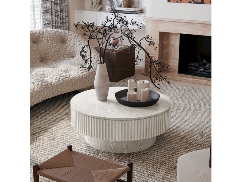  Table basse ronde avec rangement dissimulé sous couvercle, design cannelé en forme de champignon, blanc rétro  - Conforama B