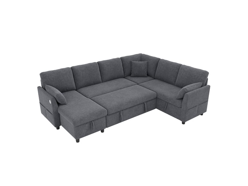 Canapé d'angle convertible 6 places 255x196x85 cm avec méridienne réversible, coffre de rangement, usbtype-c, 3 coussins - gris Bliss Lite - Conforama A