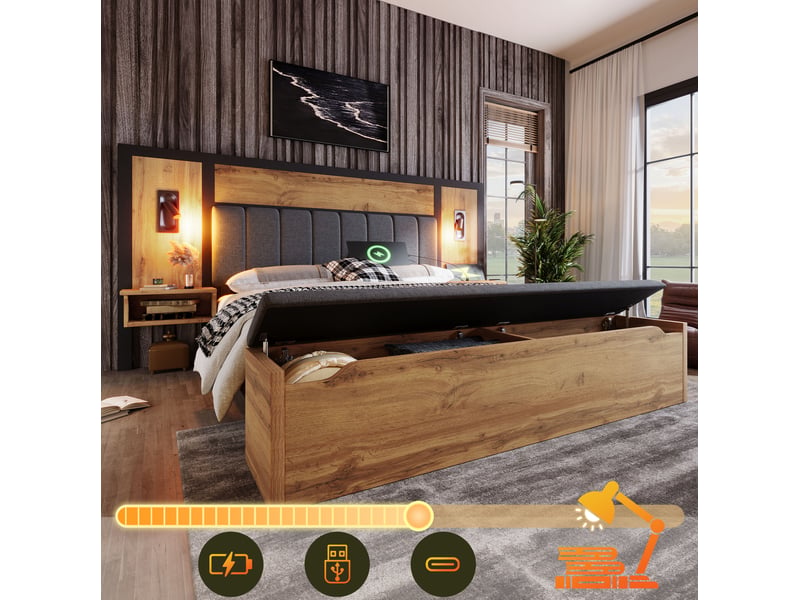 Lit adulte 160x200 rangement avec chevets et banc coffre bois metal chene matelas homvra - Conforama C