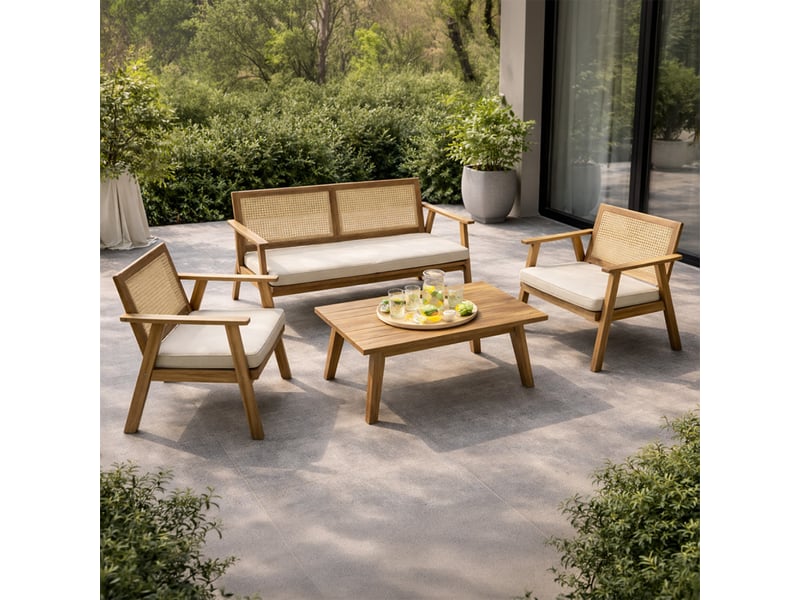 Salon de jardin 4 places en bois d’acacia et cannage hanoi  - Conforama D