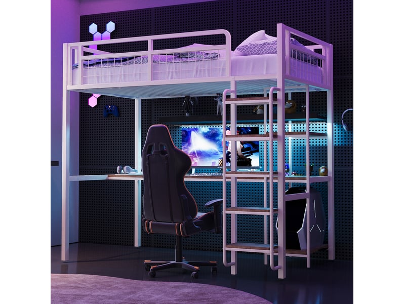  Lit mezzanine enfant 90x200 cm blanc avec bureau, étagères et échelle sécurisée  - Conforama E