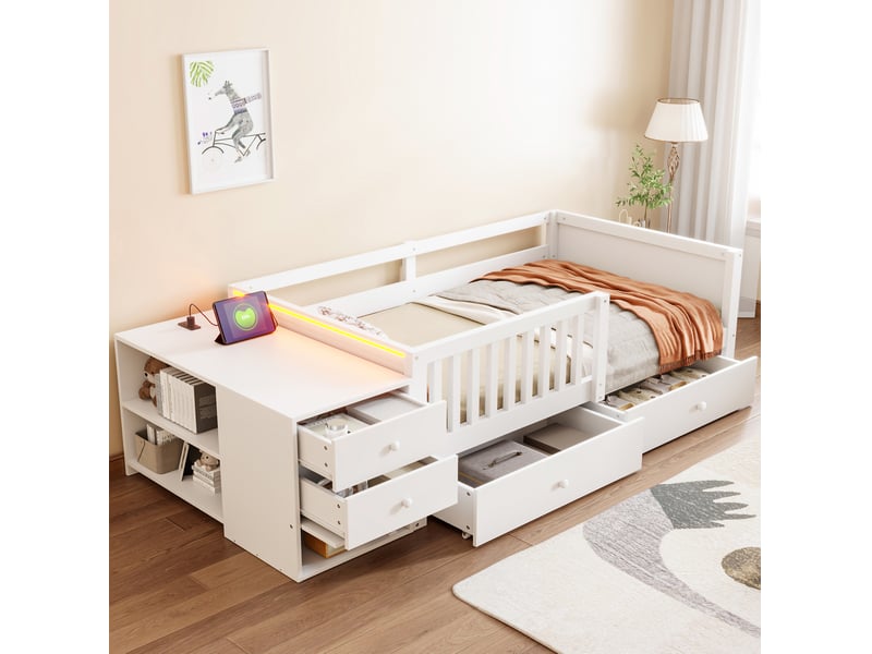  Lit mezzanine enfant modenvie 90 x 200 cm avec rangement, bureau, prise électrique et led, blanc  - Conforama E