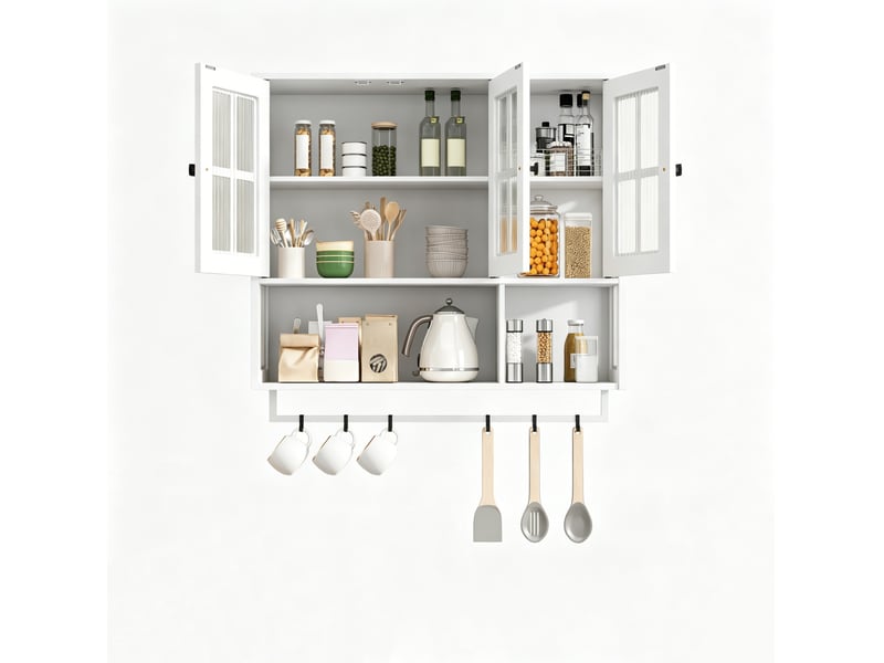  Armoire murale 88x26x82,5 cm, moderne, rangements ouverts et fermés, meuble salle de bain, en mdf, métal, blanc  - Conforama A