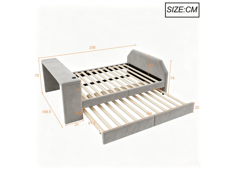  Lit simple enfant 140x200 cm gris tissu effet velours, bureau intégré, port usb et lit gigogne 90x200 cm  - Conforama C