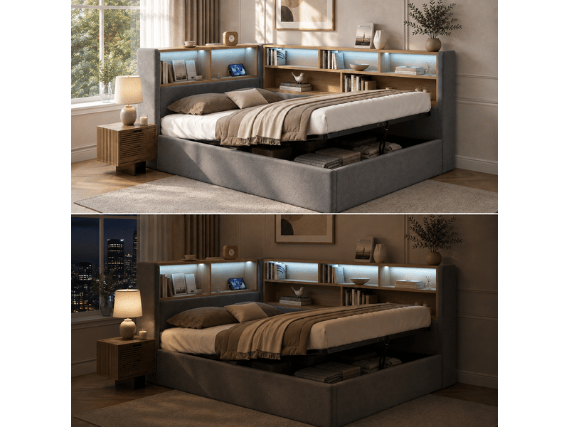  Lit banquette 140 × 190 cm en velours gris avec coffre, led et usb Fay Lum - Conforama D