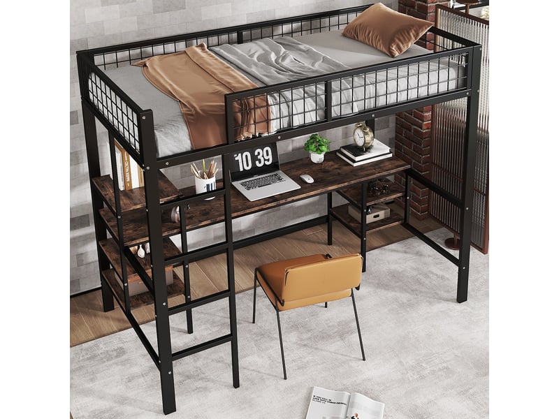  Lit en fer, lit superposé 90x200 cm, lit enfant avec table et étagère, avec échelle à quatre marches, fer+panneau de particules  - Conforama D