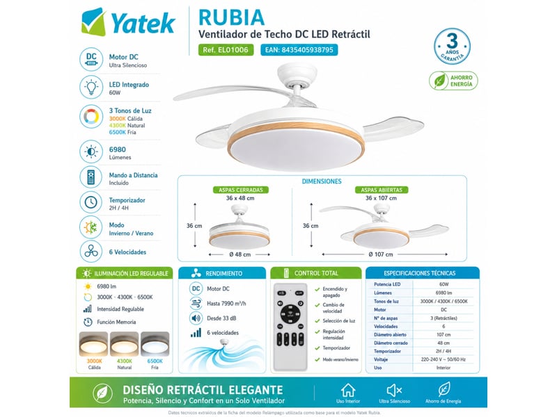 Ventilateur de plafond led rétractable yatek rubia blanc et hêtre, moteur dc 60 w, ø107 cm EL01006 - Conforama C