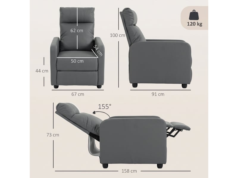  Fauteuil relax - fauteuil inclinable avec dossier inclinable et repose-pieds, fauteuil tv en cuir pu gris  - Conforama D