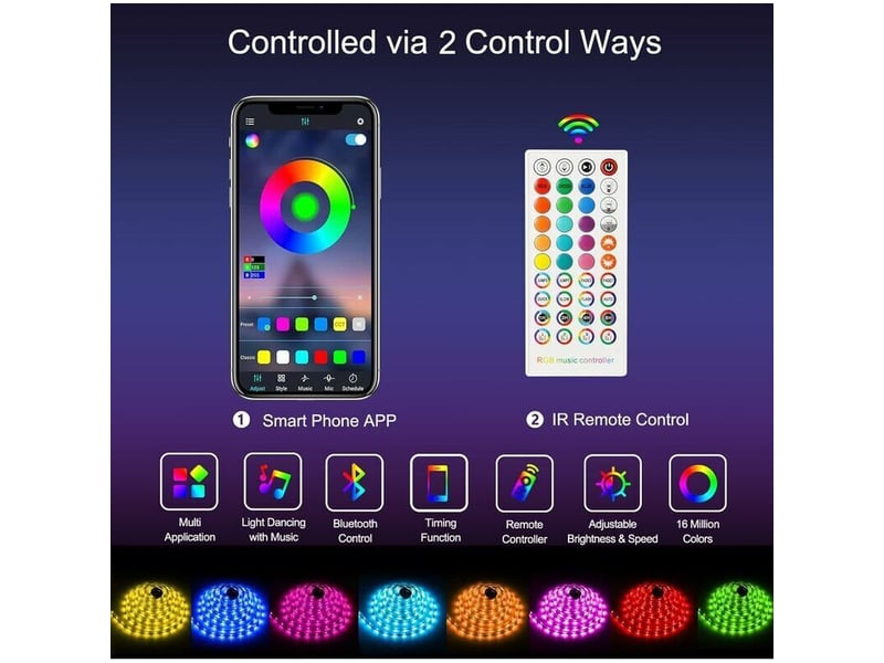 Ruban led rgb 20m,bande lumineuse bluetooth dimmable avec contrôle par application,télécommande à 44 boutons,réglage de la 24v chambre(5m×4) - Conforama D