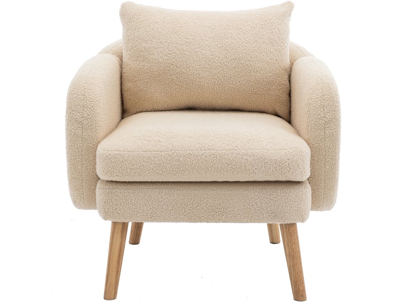  Fauteuil salon moderne en velours teddy beige, coussin amovible, structure bois massif, assise confortable pour intérieur  - Conforama A