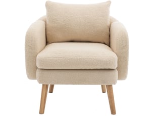 Fauteuil salon moderne en velours teddy beige, coussin amovible, structure bois massif, assise confortable pour intérieur