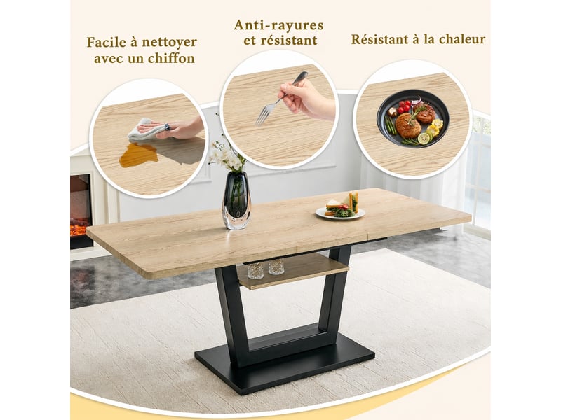 Table à manger extensible avec étagère, effet bois clair et métal noir, 140 à 180 x 80 cm  - Conforama E