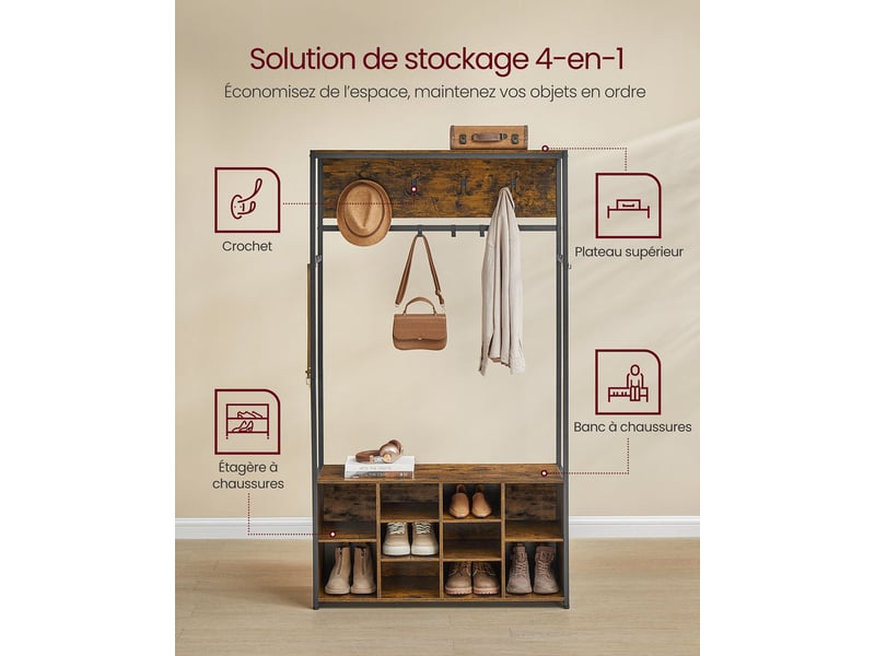 Porte-manteau meuble d’entrée avec étagères à chaussures 32 x 100 x 180 cm étagères réglables compartiments ouverts style industriel pour entrée couloir marron 12_0007072  - Conforama B