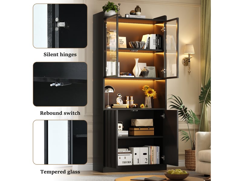  Vitrine haute avec 4 portes, led bluetooth, 5 compartiments et étagères réglables, noir, 80 × 35 × 200 cm  - Conforama E