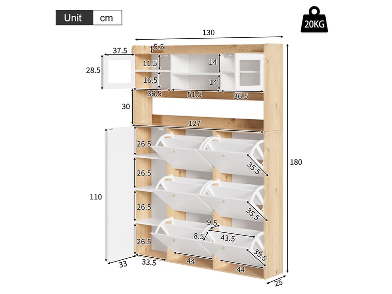  Meuble à chaussures - 130x25x180cm - armoire étroite avec led, 6 casiers abattants, 1 porte - blanc et chêne clair  - Conforama E