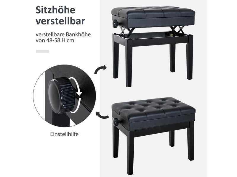  Banc de piano avec espace de rangement et réglage en hauteur 54,5x33x48-58cm, idéal comme tabouret de maquillage pour les mélomanes 02-0710 - Conforama D
